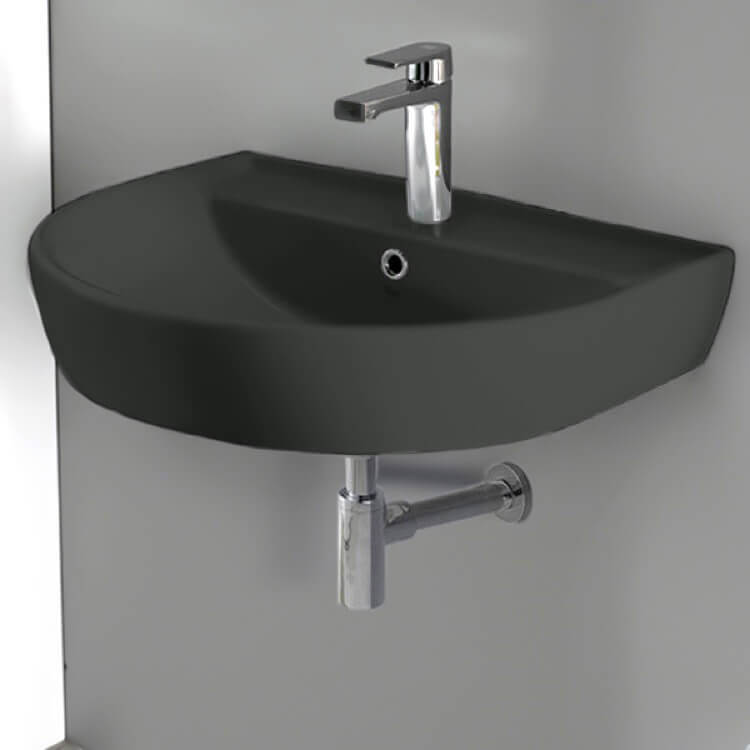 Bathroom Sink, CeraStyle 007809-U-97-One Hole, Round Matte Black Ceramic Wall Mounted Sink